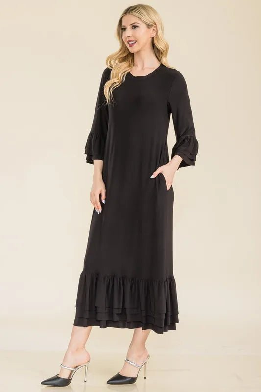 Celeste Full Size Modest Midi Dress with 3/4 Ruffle Bell Sleeves Plus Size - VeauBeauty
