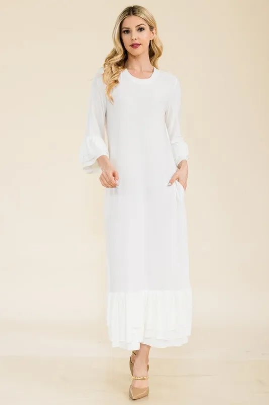 Celeste Full Size Modest Midi Dress with 3/4 Ruffle Bell Sleeves Plus Size - VeauBeauty