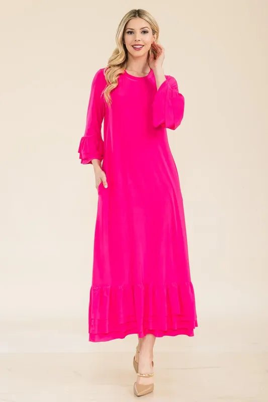 Celeste Full Size Modest Midi Dress with 3/4 Ruffle Bell Sleeves Plus Size - VeauBeauty