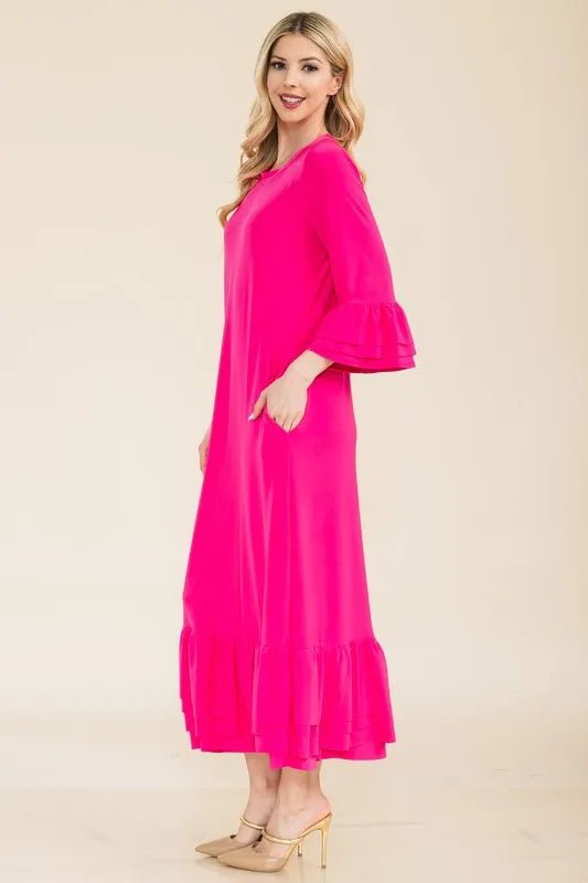 Celeste Full Size Modest Midi Dress with 3/4 Ruffle Bell Sleeves Plus Size - VeauBeauty