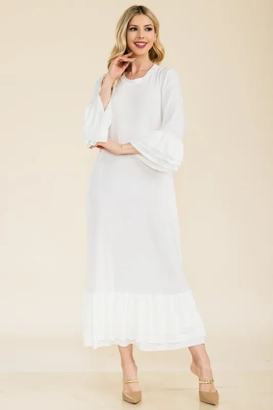 Celeste Full Size Modest Midi Dress with 3/4 Ruffle Bell Sleeves Plus Size - VeauBeauty