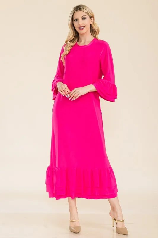 Celeste Full Size Modest Midi Dress with 3/4 Ruffle Bell Sleeves Plus Size - VeauBeauty