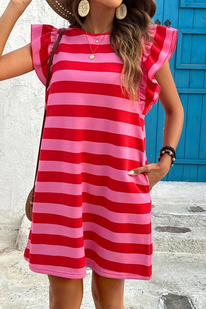 Contrast Striped Round Neck Cap Sleeve Mini Dress - VeauBeauty