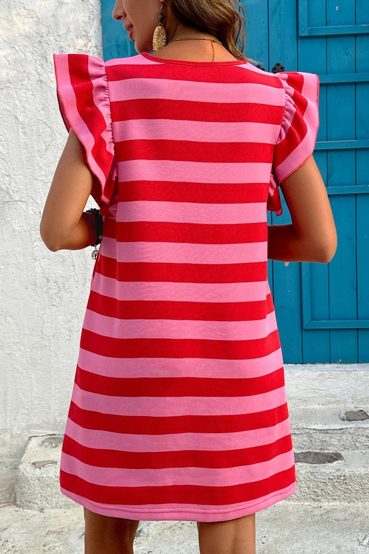 Contrast Striped Round Neck Cap Sleeve Mini Dress - VeauBeauty
