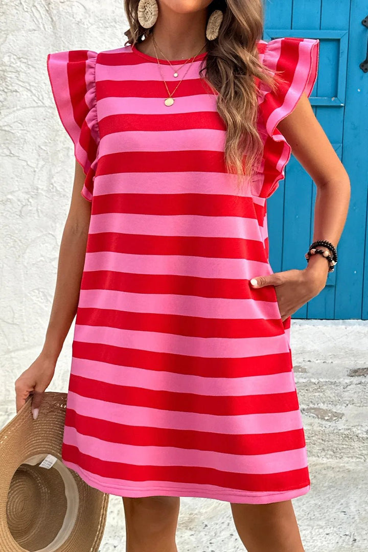Contrast Striped Round Neck Cap Sleeve Mini Dress - VeauBeauty
