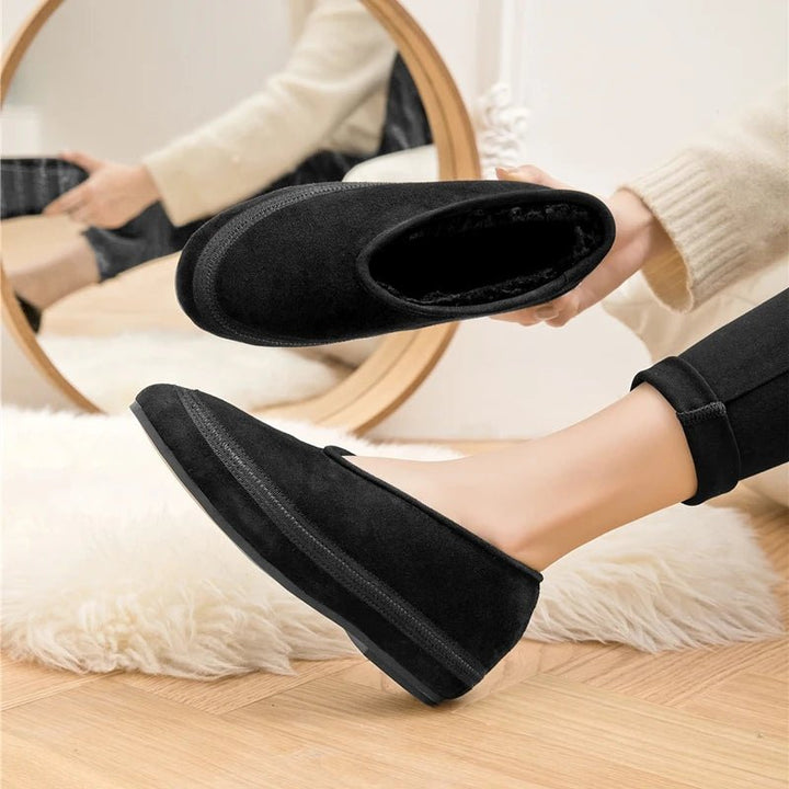 Cow Suede Flat Snow Boots – Warm Ankle Winter Shoes for Women (Large Size Available) - VeauBeauty