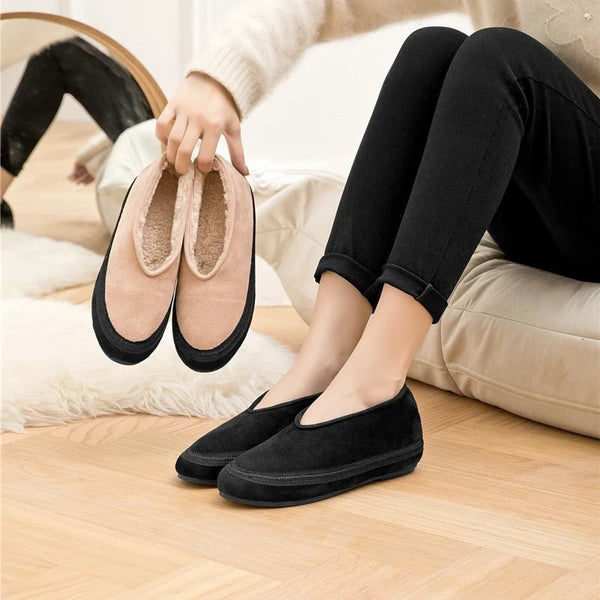 Cow Suede Flat Snow Boots – Warm Ankle Winter Shoes for Women (Large Size Available) - VeauBeauty