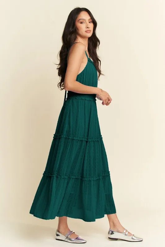 Davi & Dani Texture Swiss Dot Ruffle Square Neck Midi Dress - VeauBeauty