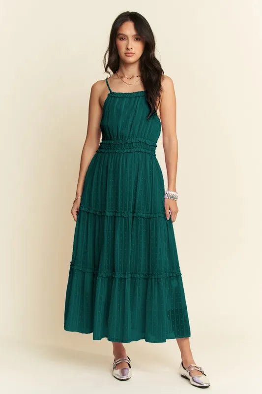 Davi & Dani Texture Swiss Dot Ruffle Square Neck Midi Dress - VeauBeauty