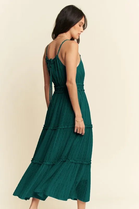 Davi & Dani Texture Swiss Dot Ruffle Square Neck Midi Dress - VeauBeauty