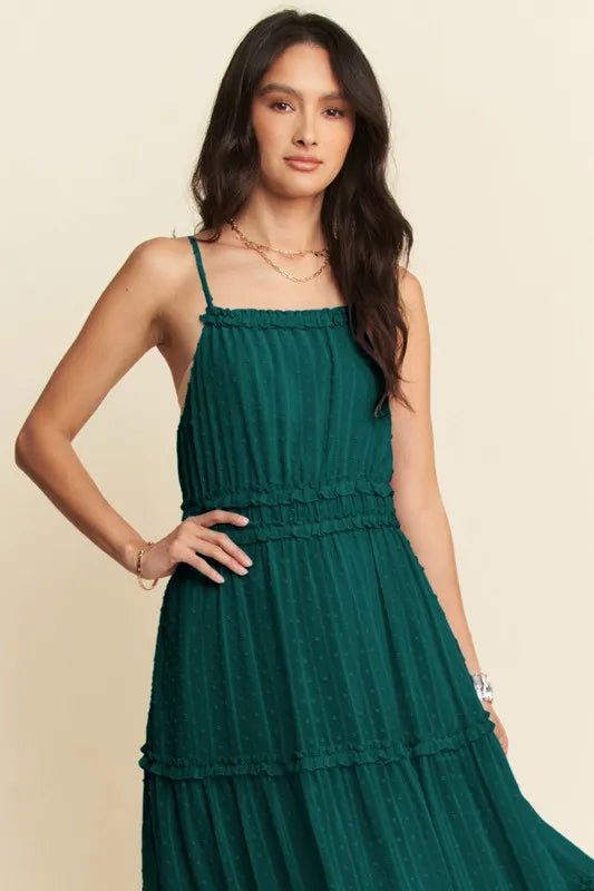 Davi & Dani Texture Swiss Dot Ruffle Square Neck Midi Dress - VeauBeauty