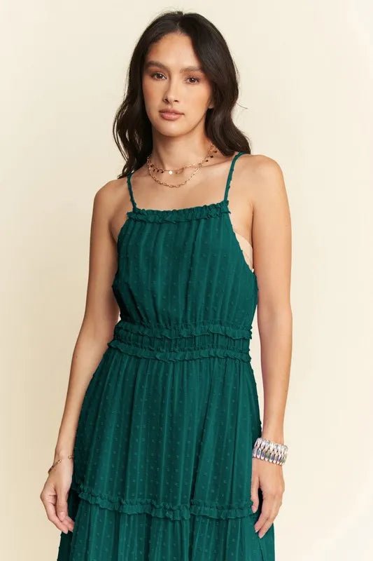 Davi & Dani Texture Swiss Dot Ruffle Square Neck Midi Dress - VeauBeauty