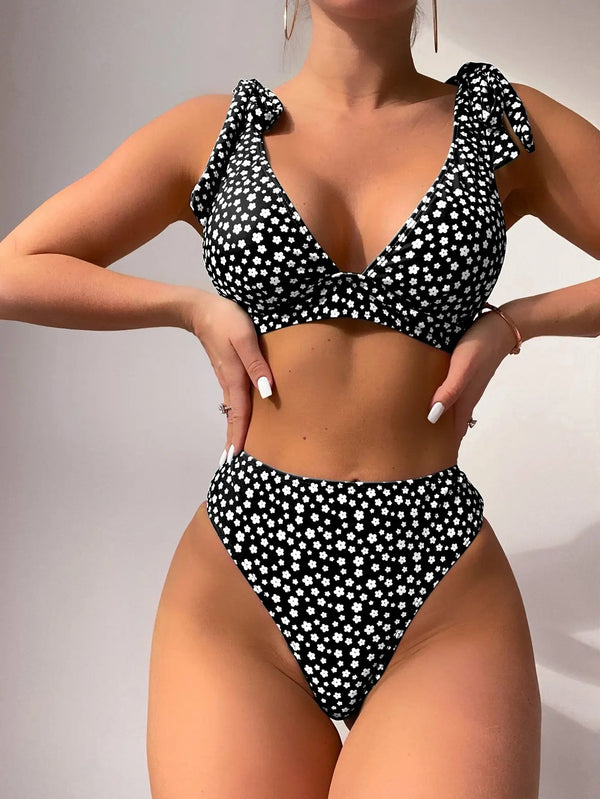 Dot Print Mid - Waist Bikini Set – Wire - Free Padded Two - Piece Swimwear for Women 2025 - VeauBeauty