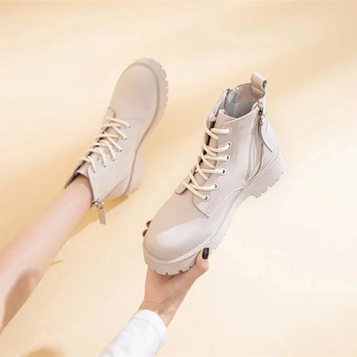 Double Zipper Genuine Leather Ankle Boots – Square Heel Motorcycle Style - VeauBeauty
