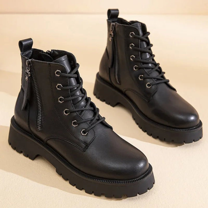 Double Zipper Genuine Leather Ankle Boots – Square Heel Motorcycle Style - VeauBeauty
