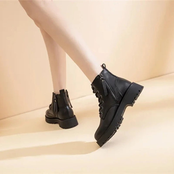 Double Zipper Genuine Leather Ankle Boots – Square Heel Motorcycle Style - VeauBeauty