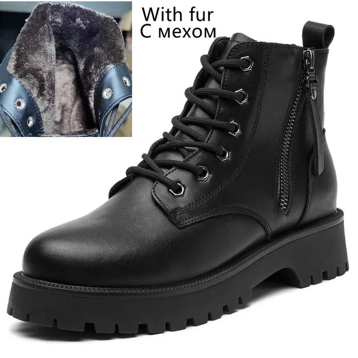 Double Zipper Genuine Leather Ankle Boots – Square Heel Motorcycle Style - VeauBeauty