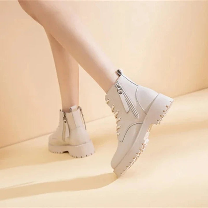 Double Zipper Genuine Leather Ankle Boots – Square Heel Motorcycle Style - VeauBeauty