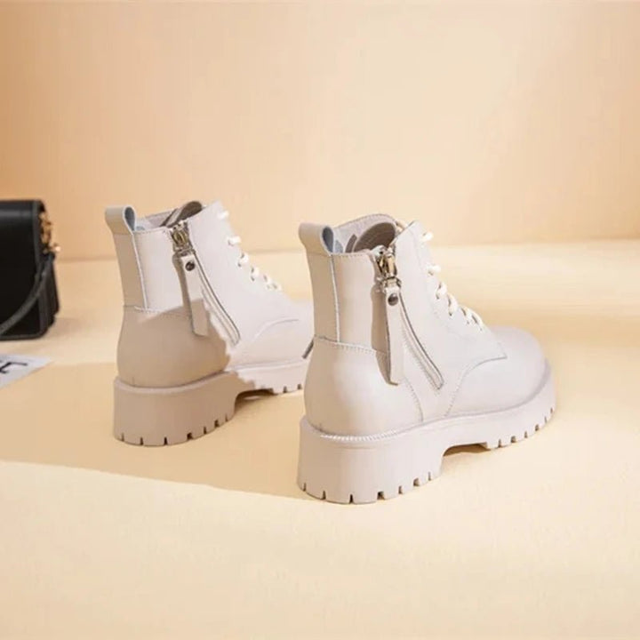Double Zipper Genuine Leather Ankle Boots – Square Heel Motorcycle Style - VeauBeauty