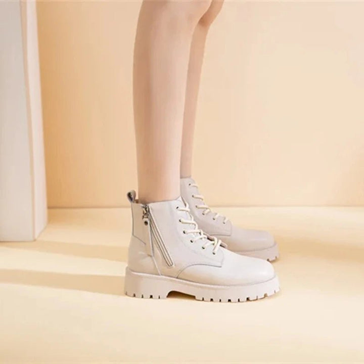Double Zipper Genuine Leather Ankle Boots – Square Heel Motorcycle Style - VeauBeauty