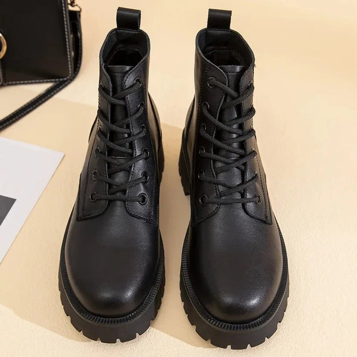Double Zipper Genuine Leather Ankle Boots – Square Heel Motorcycle Style - VeauBeauty