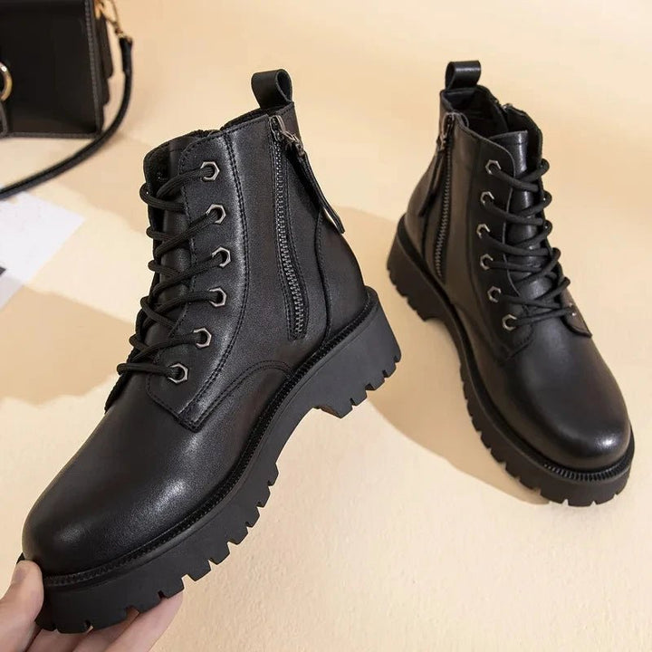Double Zipper Genuine Leather Ankle Boots – Square Heel Motorcycle Style - VeauBeauty