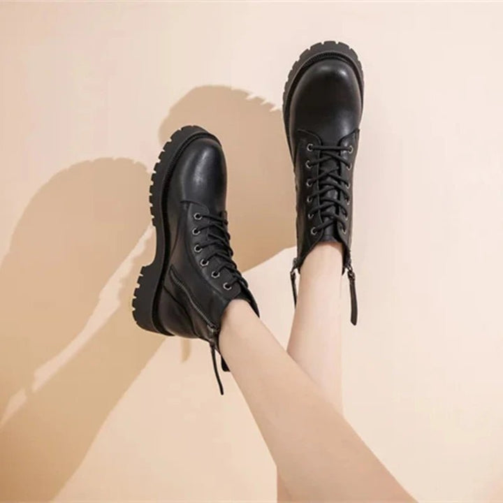 Double Zipper Genuine Leather Ankle Boots – Square Heel Motorcycle Style - VeauBeauty