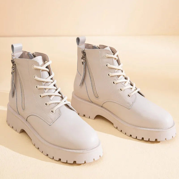 Double Zipper Genuine Leather Ankle Boots – Square Heel Motorcycle Style - VeauBeauty