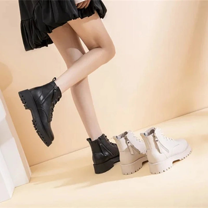 Double Zipper Genuine Leather Ankle Boots – Square Heel Motorcycle Style - VeauBeauty