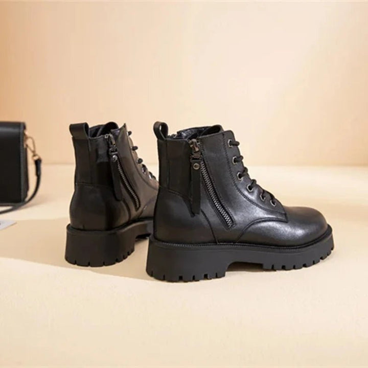 Double Zipper Genuine Leather Ankle Boots – Square Heel Motorcycle Style - VeauBeauty