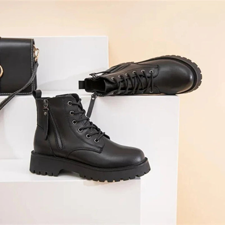 Double Zipper Genuine Leather Ankle Boots – Square Heel Motorcycle Style - VeauBeauty