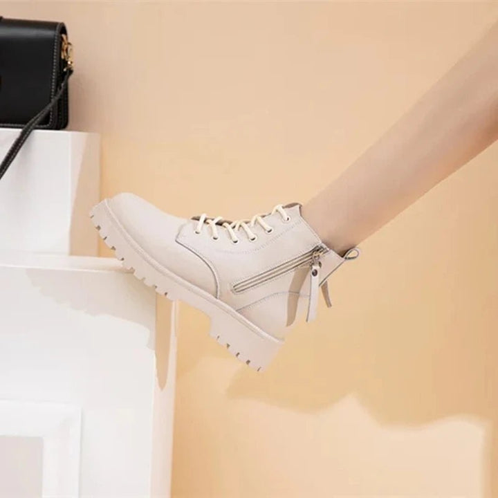 Double Zipper Genuine Leather Ankle Boots – Square Heel Motorcycle Style - VeauBeauty