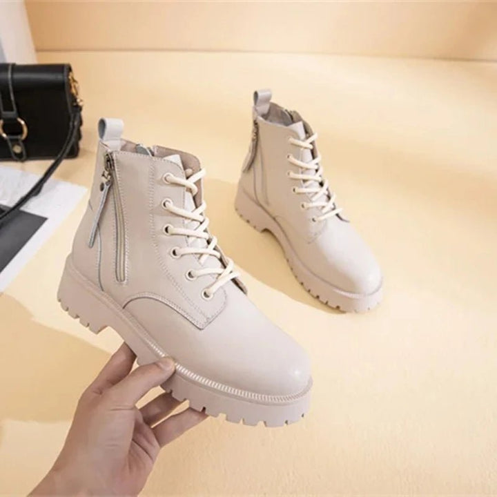Double Zipper Genuine Leather Ankle Boots – Square Heel Motorcycle Style - VeauBeauty