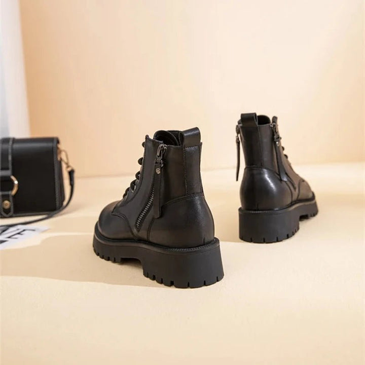 Double Zipper Genuine Leather Ankle Boots – Square Heel Motorcycle Style - VeauBeauty