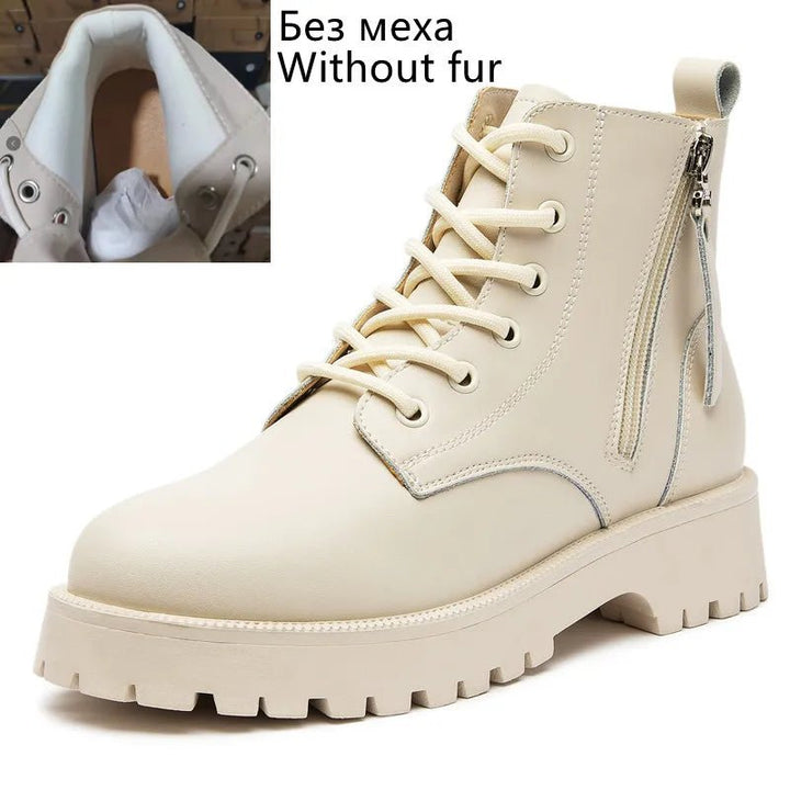Double Zipper Genuine Leather Ankle Boots – Square Heel Motorcycle Style - VeauBeauty
