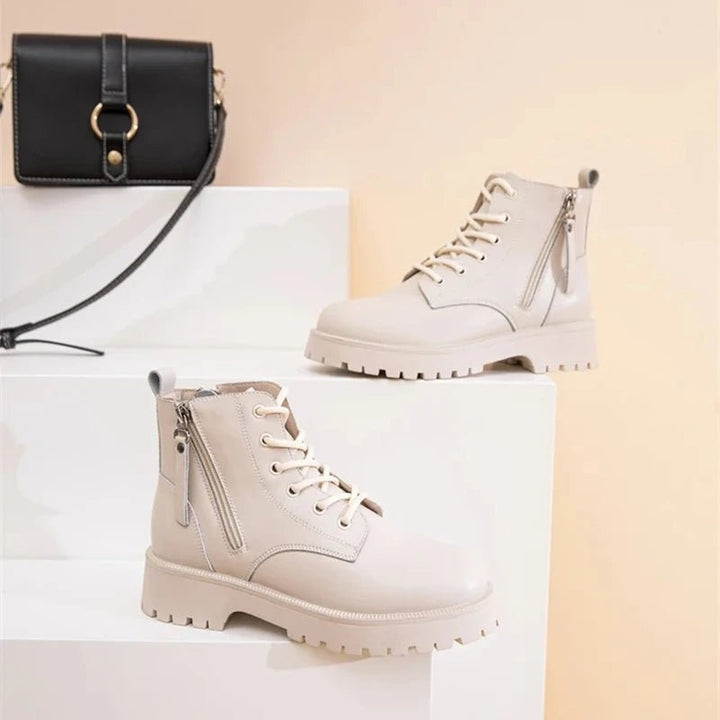 Double Zipper Genuine Leather Ankle Boots – Square Heel Motorcycle Style - VeauBeauty