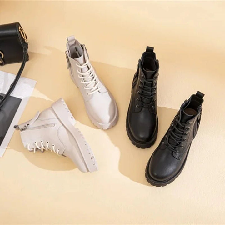 Double Zipper Genuine Leather Ankle Boots – Square Heel Motorcycle Style - VeauBeauty
