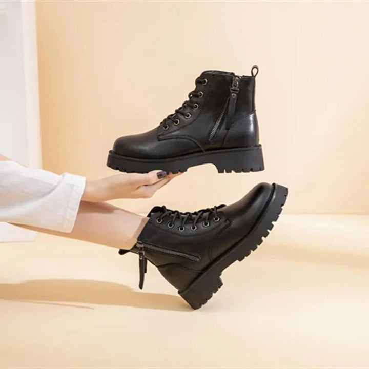 Double Zipper Genuine Leather Ankle Boots – Square Heel Motorcycle Style - VeauBeauty
