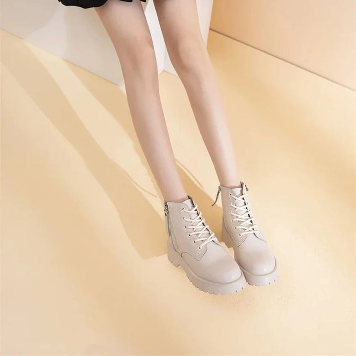 Double Zipper Genuine Leather Ankle Boots – Square Heel Motorcycle Style - VeauBeauty