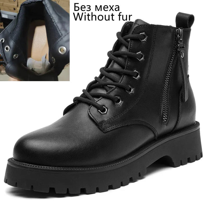 Double Zipper Genuine Leather Ankle Boots – Square Heel Motorcycle Style - VeauBeauty