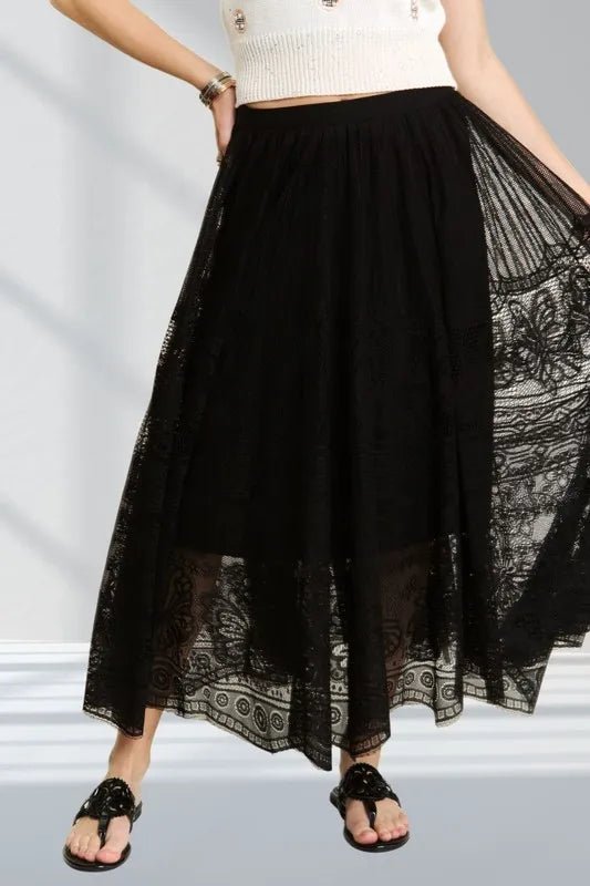 Elastic Waist Raw Hem Lace Maxi Skirt - VeauBeauty