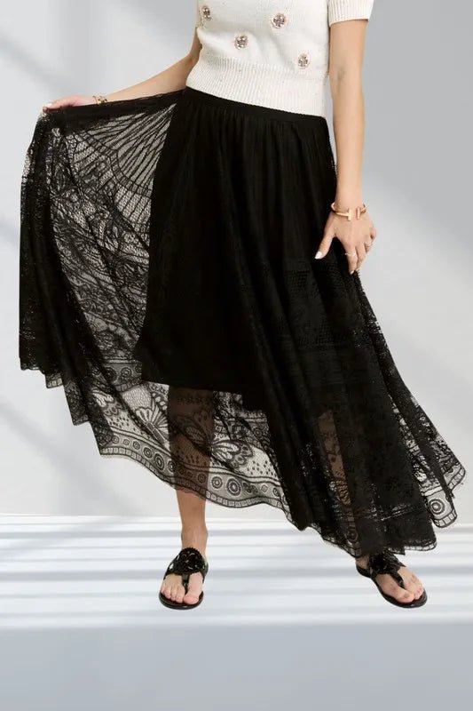 Elastic Waist Raw Hem Lace Maxi Skirt - VeauBeauty