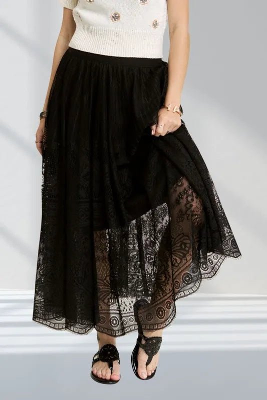 Elastic Waist Raw Hem Lace Maxi Skirt - VeauBeauty