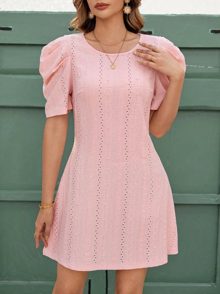 Eyelet Round Neck Puff Short Sleeve Mini Dress - VeauBeauty