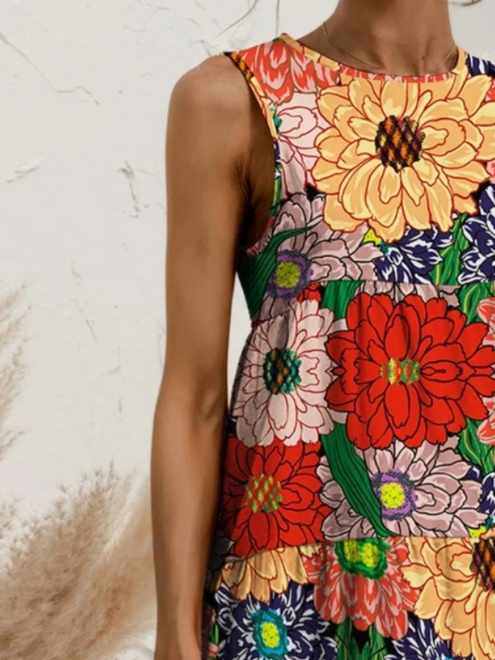 FAM - FAM Tiered Printed Round Neck Sleeveless Dress - VeauBeauty