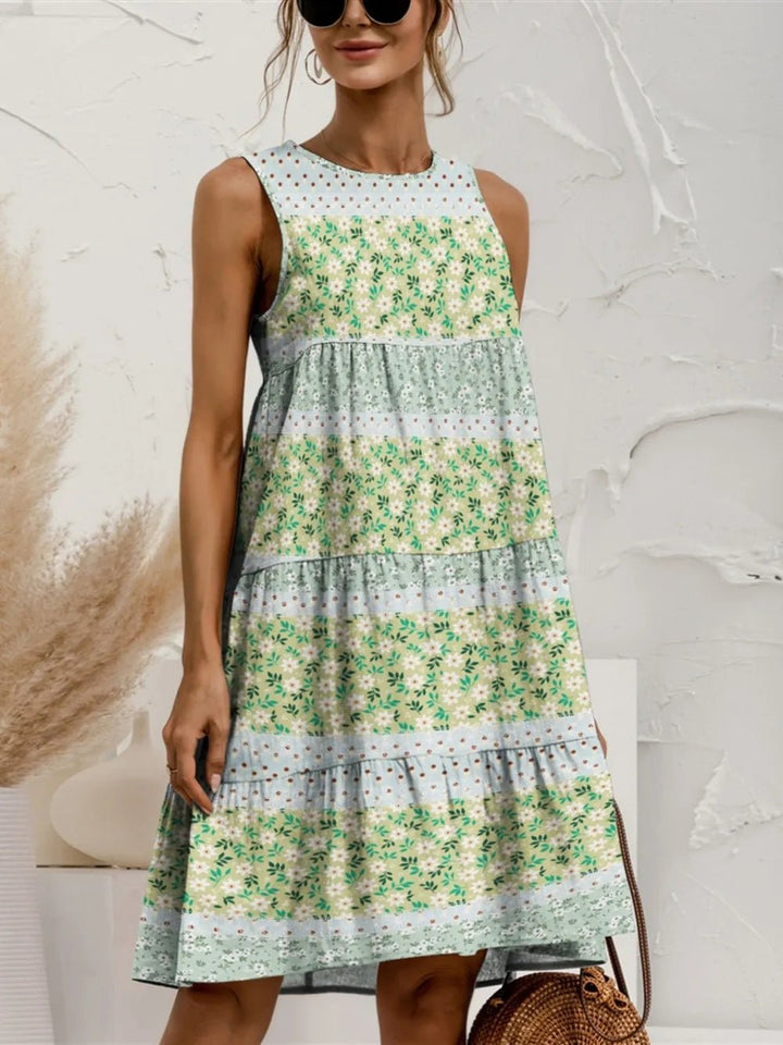 FAM - FAM Tiered Printed Round Neck Sleeveless Dress - VeauBeauty