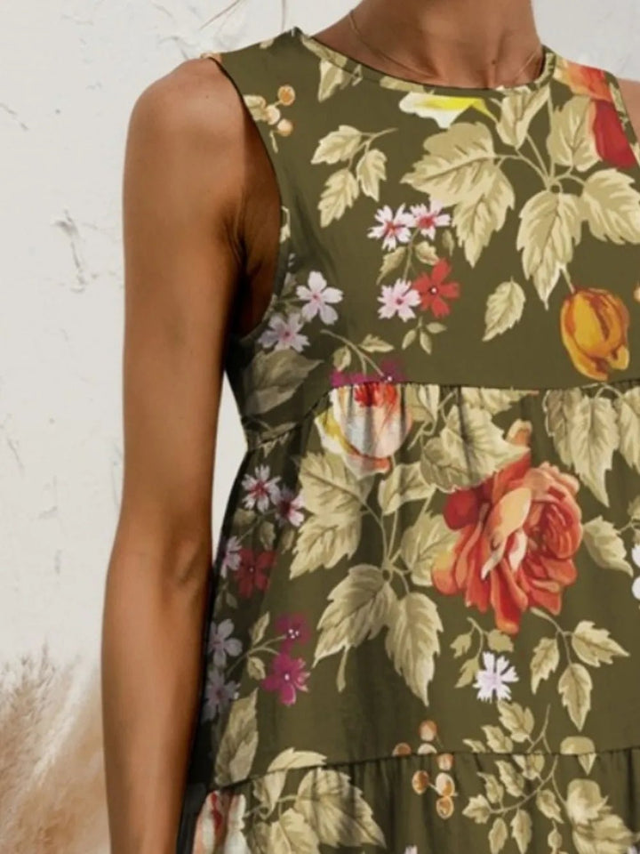 FAM - FAM Tiered Printed Round Neck Sleeveless Dress - VeauBeauty