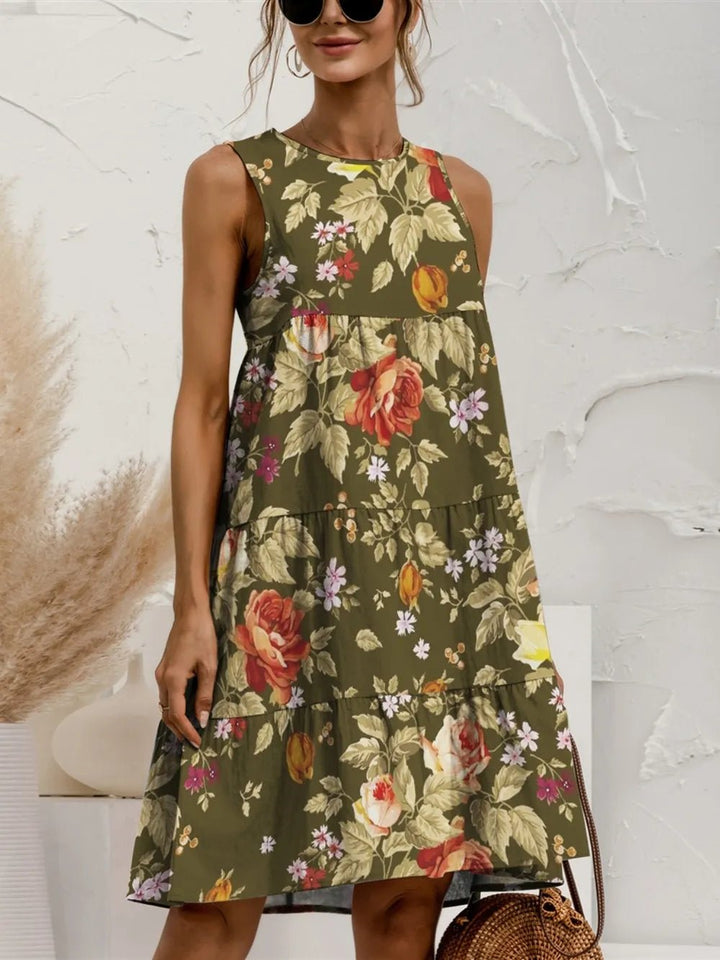 FAM - FAM Tiered Printed Round Neck Sleeveless Dress - VeauBeauty