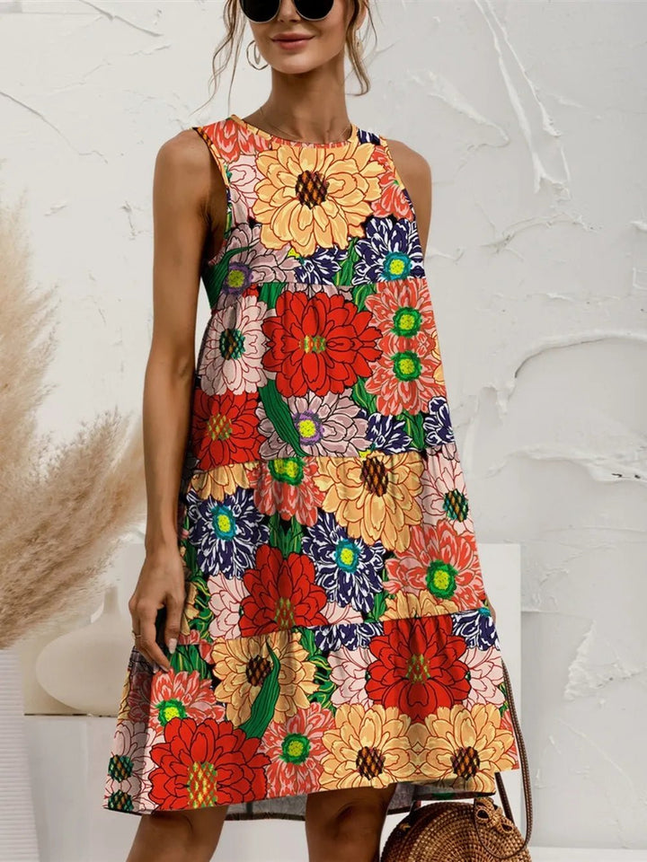 FAM - FAM Tiered Printed Round Neck Sleeveless Dress - VeauBeauty