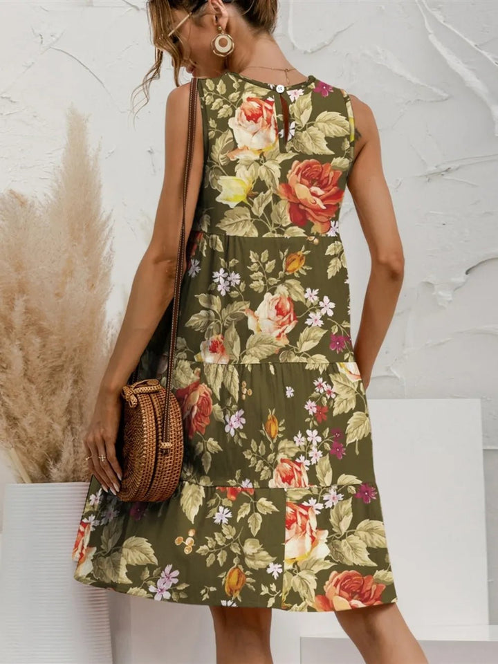 FAM - FAM Tiered Printed Round Neck Sleeveless Dress - VeauBeauty